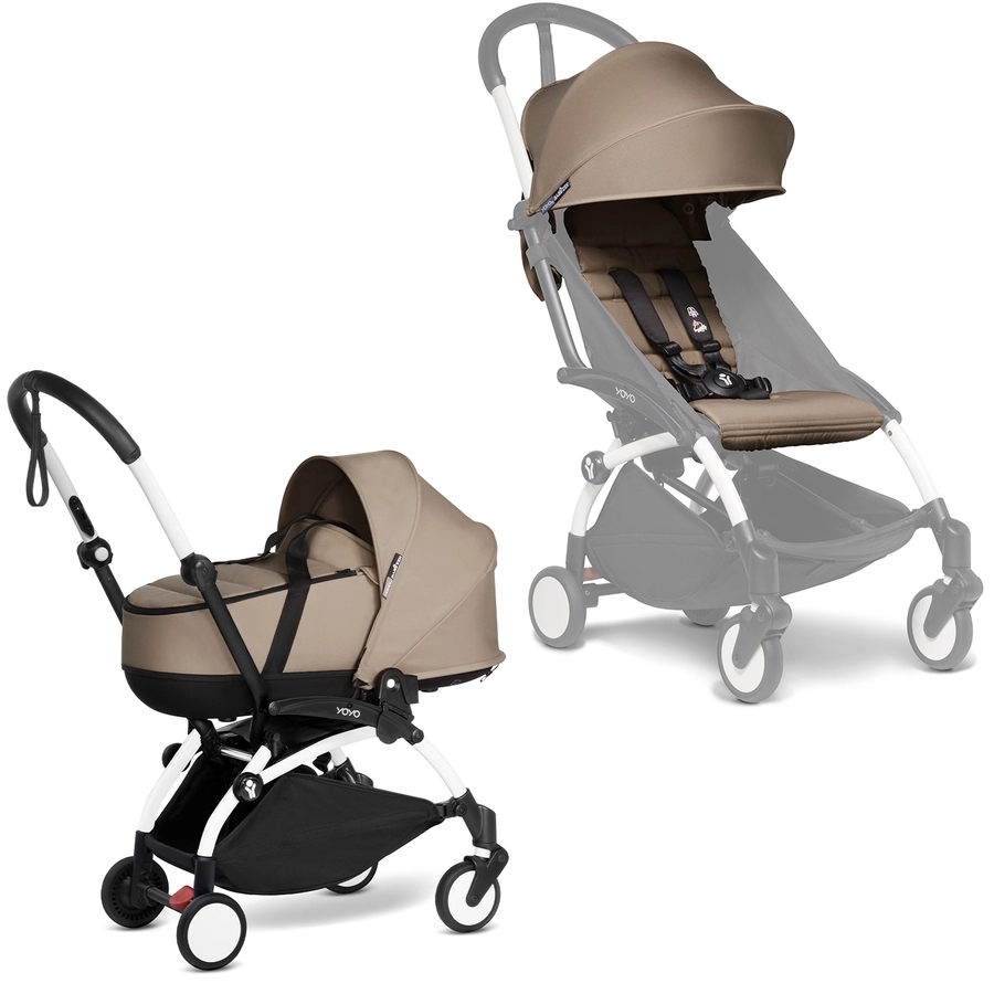 BABYZEN Kinderwagen YOYO2 0+ White mit Liegewanne und Textilset Taupe