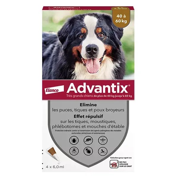 Advantix Chien Solution Antiparasitaire Très Grande Race 40 à 60kg 4 pipettes