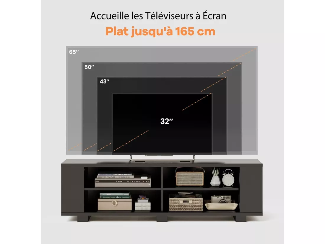 Meuble TV avec 6 Compartiments, Banc TV pour TV Jusqu'à 65 Pouces, 4 Trous de Gestion des Câbles, Étagères Réglables, pour Salon, Chambre, 150 x 39 x 45 cm (Noir)