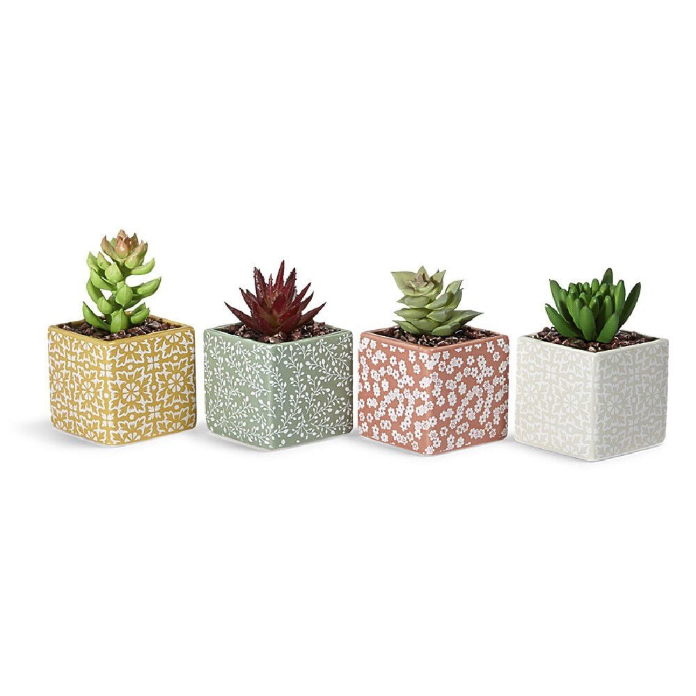 Petite plante grasse artificielle pot en grès motif végétal blanc