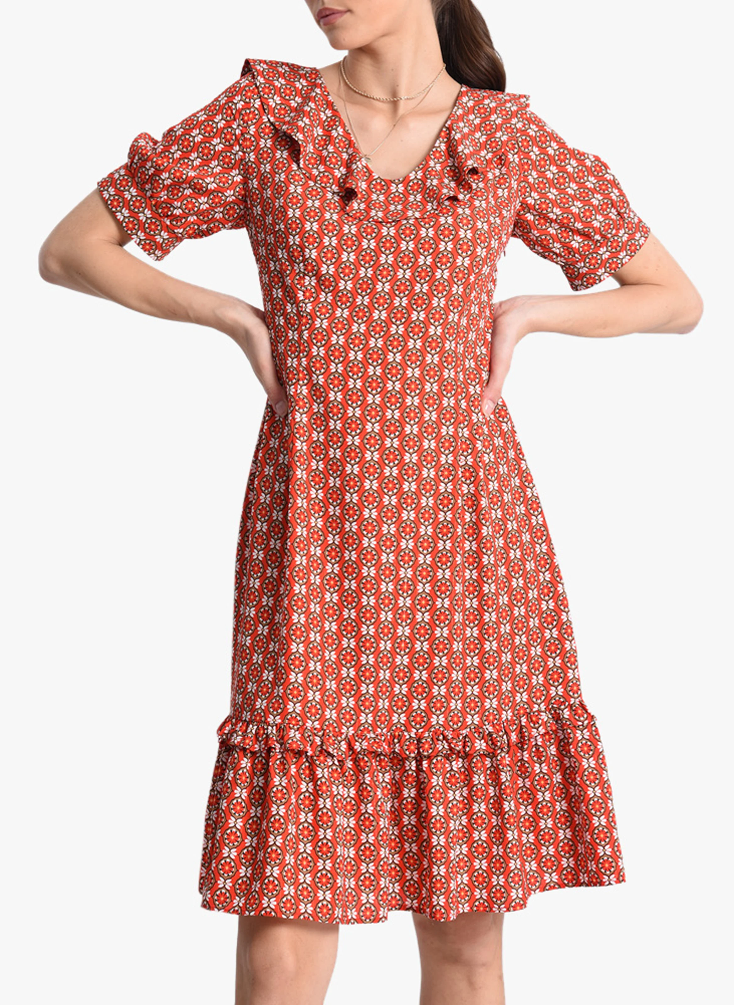Robe midi col rond imprimée fleuri| Orange