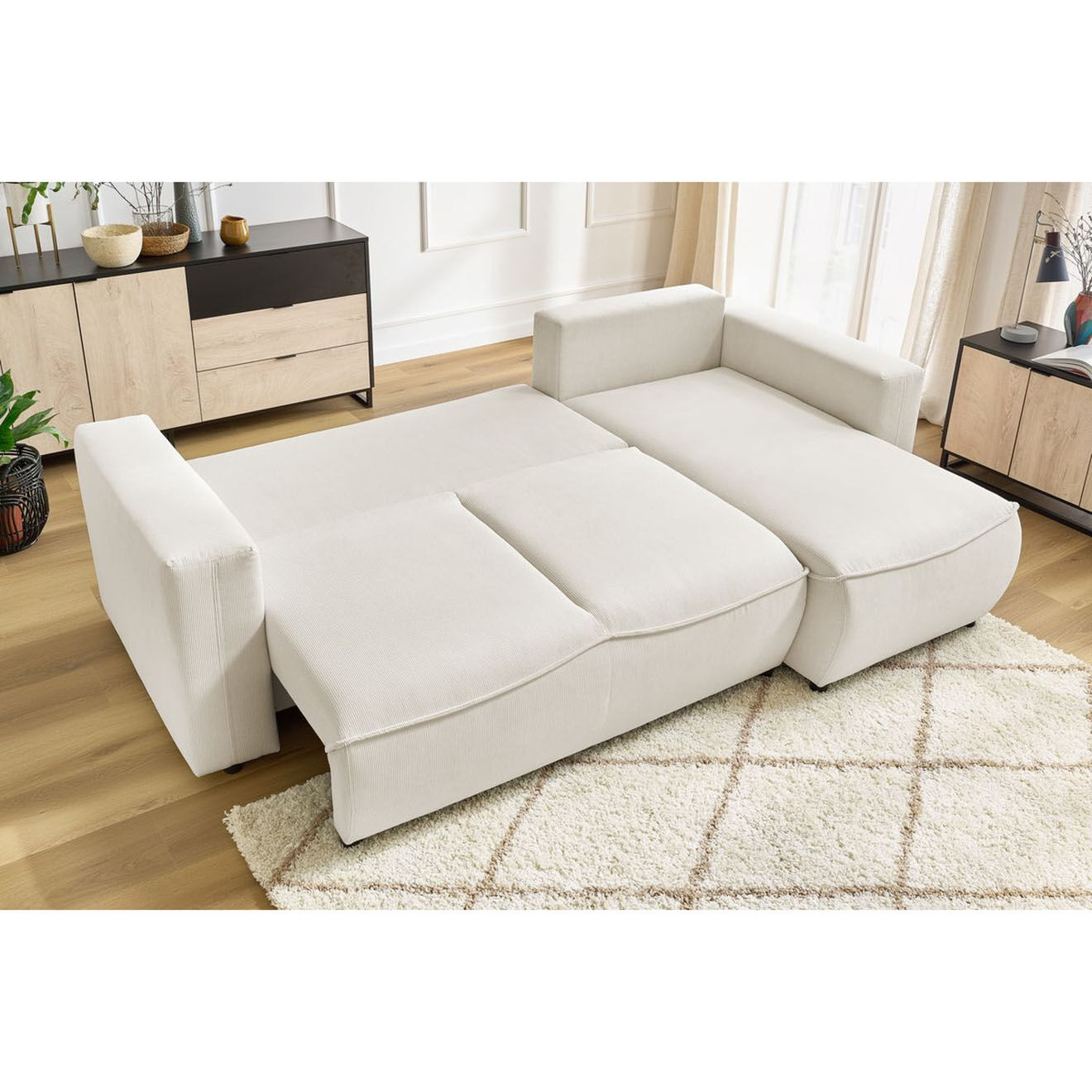 Bobochic Canapé d'angle droit convertible coffre jasmin velours côtelé beige - 256x158x90 cm