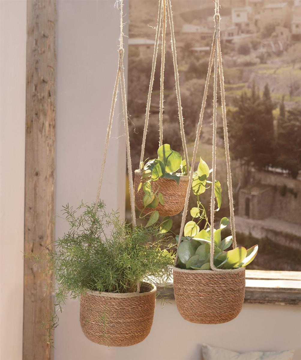 Dekoleisschaft 3x Terra plantenhanger van zeegras, bruin, bloemenhanger, hangpot
