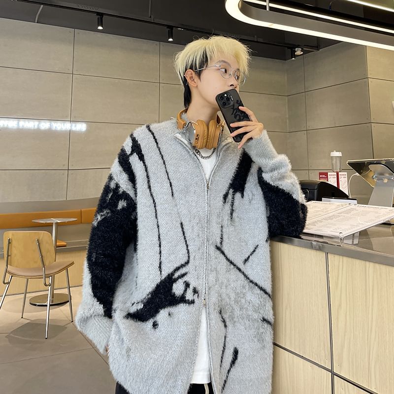 Hushgrain - Mock Neck Color Block Fluffy Zip Cardigan