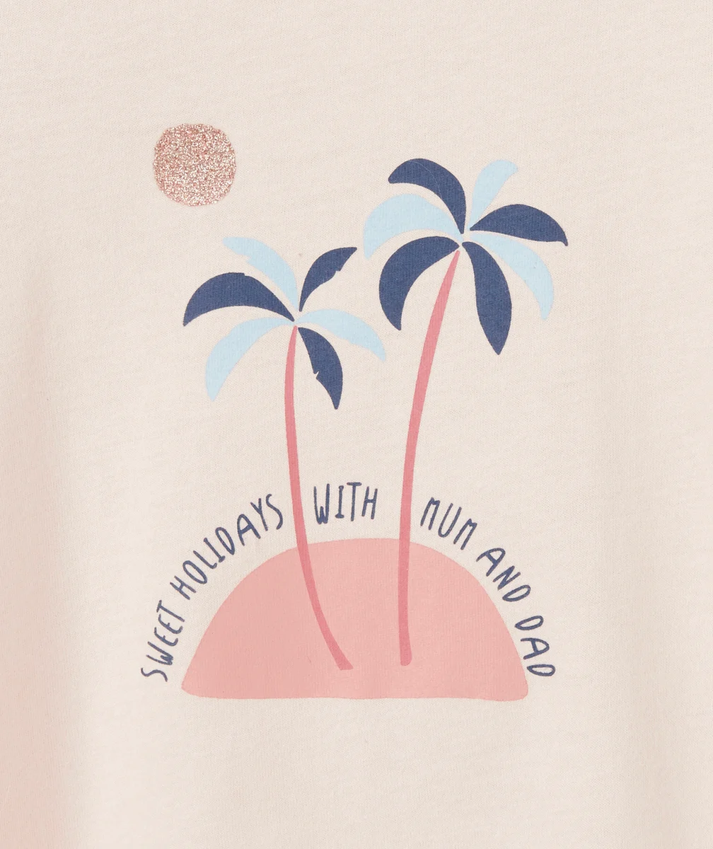 T-SHIRT BÉBÉ FILLE EN COTON BIO ROSE PÂLE AVEC PALMIERS
