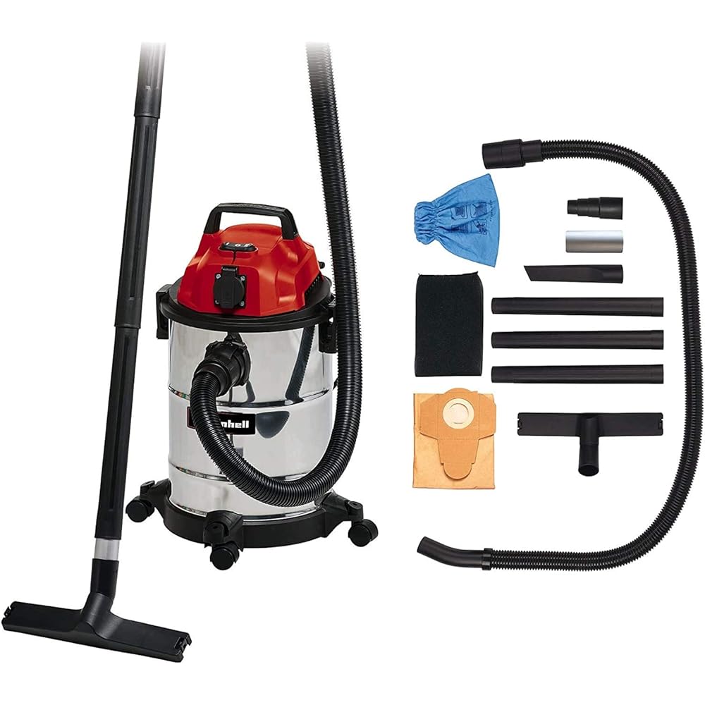 Einhell Aspirateur eaux et poussières TC-VC 1820 SA (1250 W, 180 mbar, Cuve INOX 20 L, Livré avec Accessoires) + Lot 5 Sacs de Rechange 20 litres : Bricolage