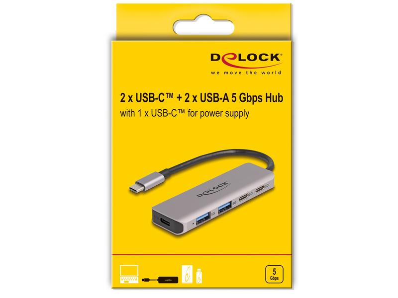 Delock USB-Hub 2x USB C 5Gbps/2x USB A 5Gbps USB Hub mit vier USB 3.0 Anschlüssen
