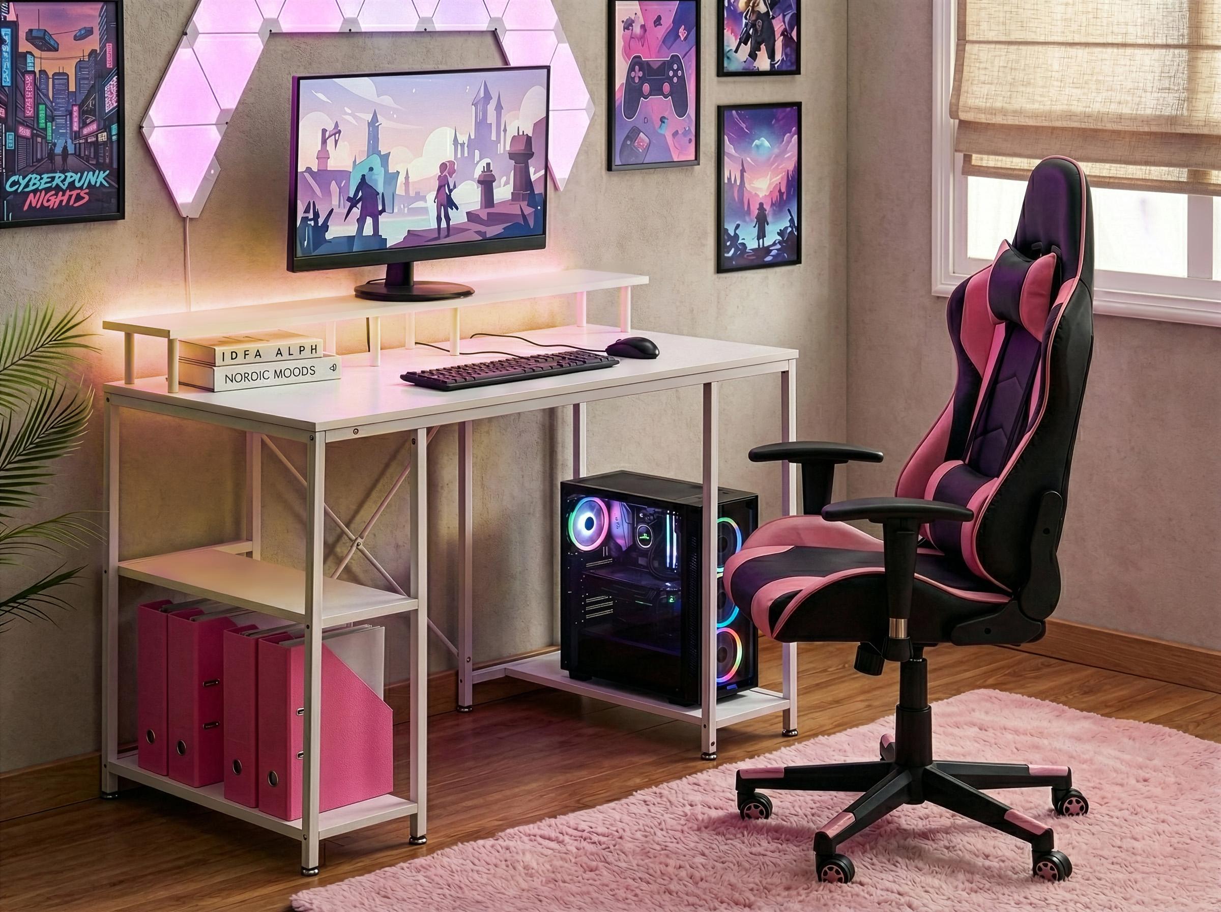 Game bureau CADDO Wit 120 cm 60 cm met planken LED