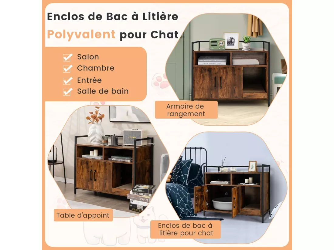 Meuble Litiere Chat Griffoir Amovible Industriel, 89x45x74,5cm Café