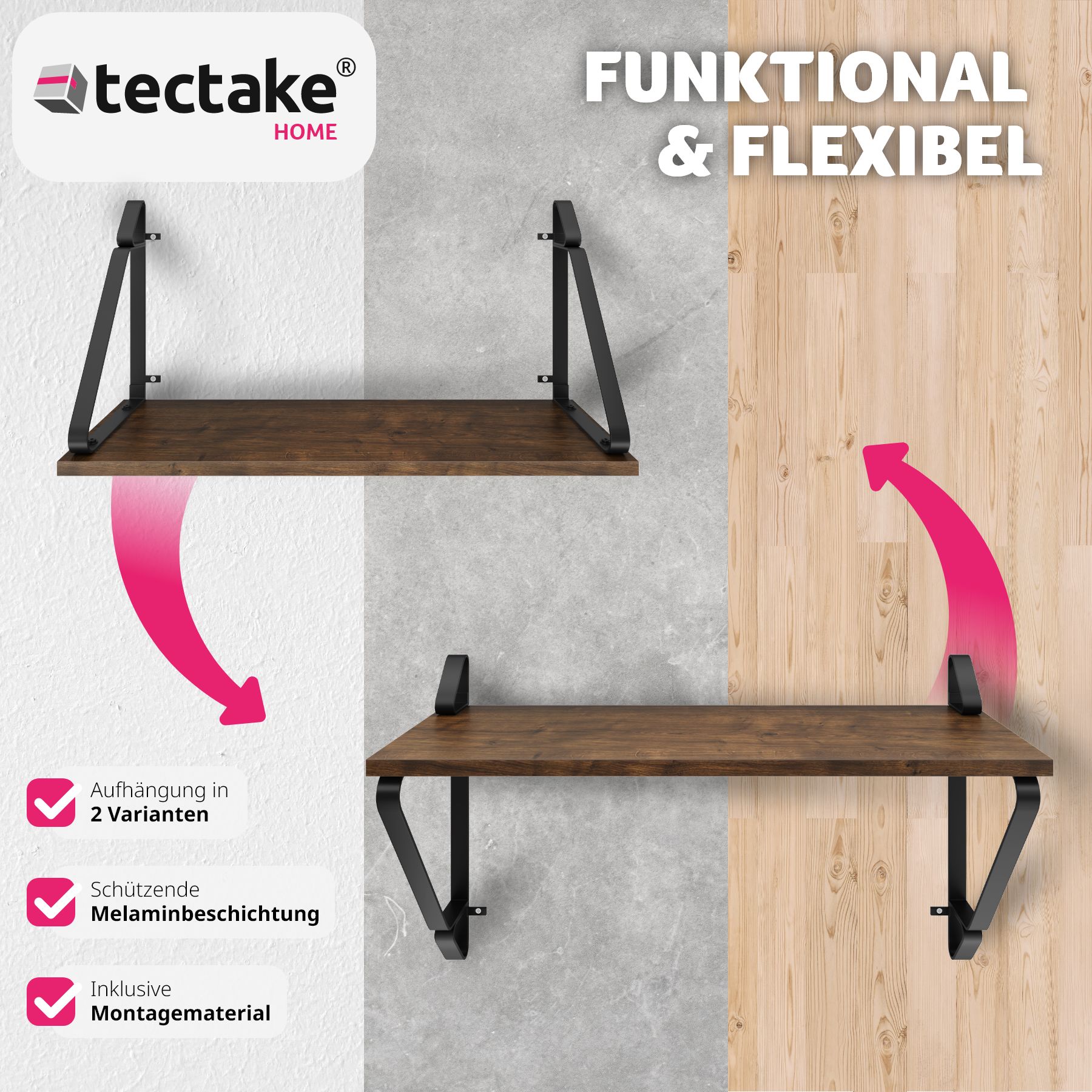 tectake® 2er Set Wandregal, Industrial Style, Belastbarkeit je Regal 15 kg, 60 x 20 x 33,5 cm