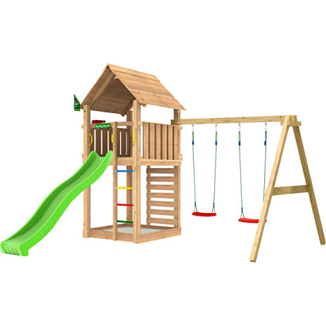 Jungle Gym Cabin 2.1 legetårn inkl. gyngemodul, rutsjebane og 120 kg sand