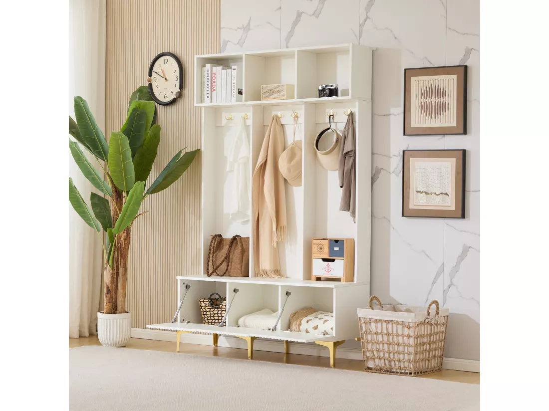 Vestiaire avec banc, 3 portes et porte-manteau - 120 x 23.5 x 191.5 - Panneau de particules - Coloris blanc