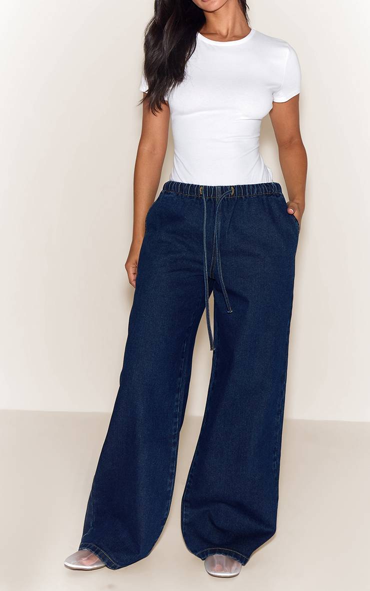Mid Blue Wash Jean Large Taille Haute Élastiquée Avec Lien En Denim Petite