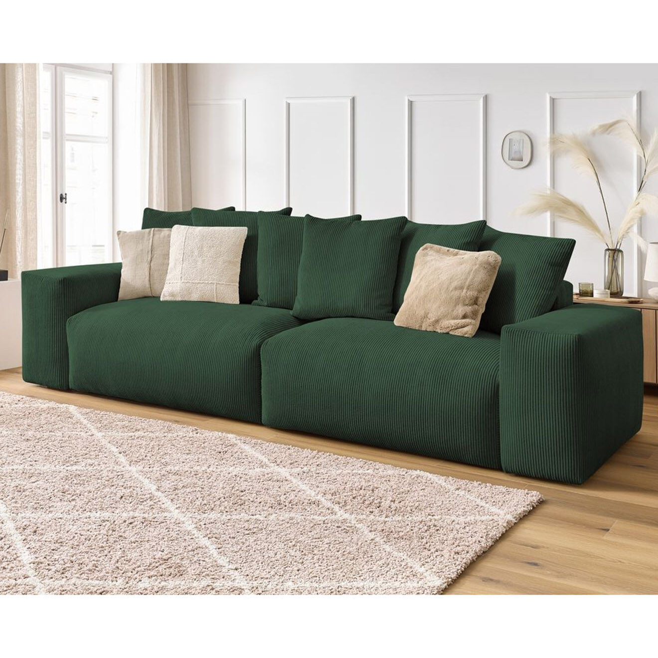 Bobochic Canapé 4 places moelleux voltaire velours côtelé vert - 320x124x75 cm