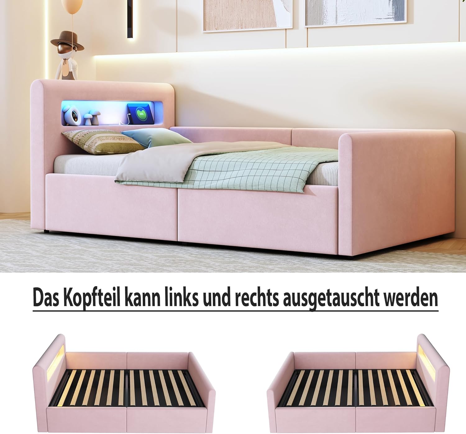 okwish Polsterbett Kinderbett 90x200 cm, Jugendbett mit hydraulischem Stauraum, LED Nachtlicht & USB-Anschluss, Samtstoff, Rosa, ohne Matratze