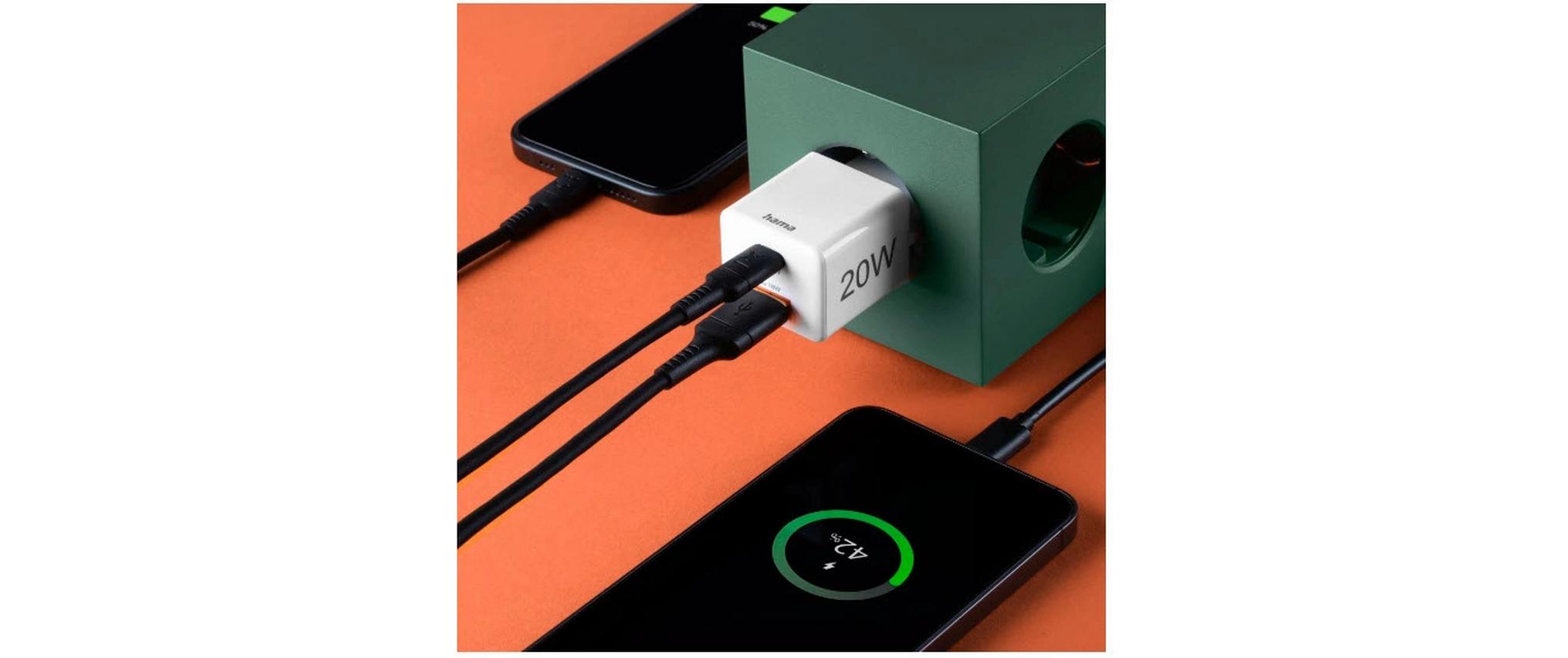 USB-Wandladegerät Gan charger USB-A USB-C 20 W WeissSchnellladegerät mit 1x USB-C und 1x USB-A