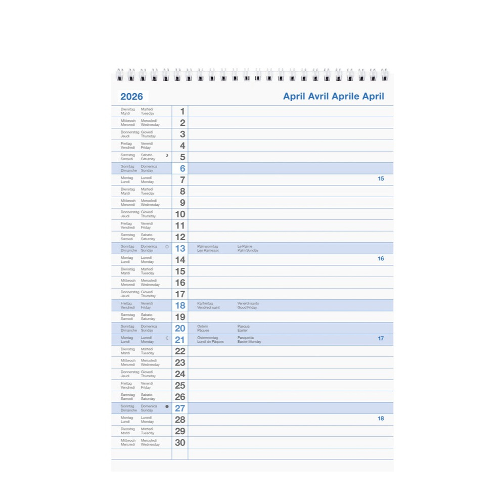 A4 Wandkalender 2026 Monatsplaner mit Wire-O Spiralbindung (889011000026U)