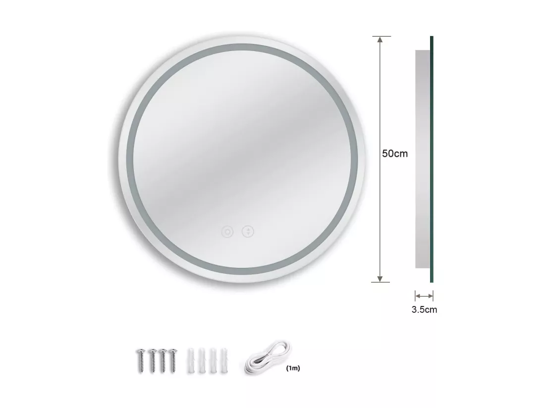 Miroir Rond Salle de Bain avec Eclairage LED, Miroir Maquillage Anti-buée, Miroir Mural 3 Couleurs Dimmable,50x50cm