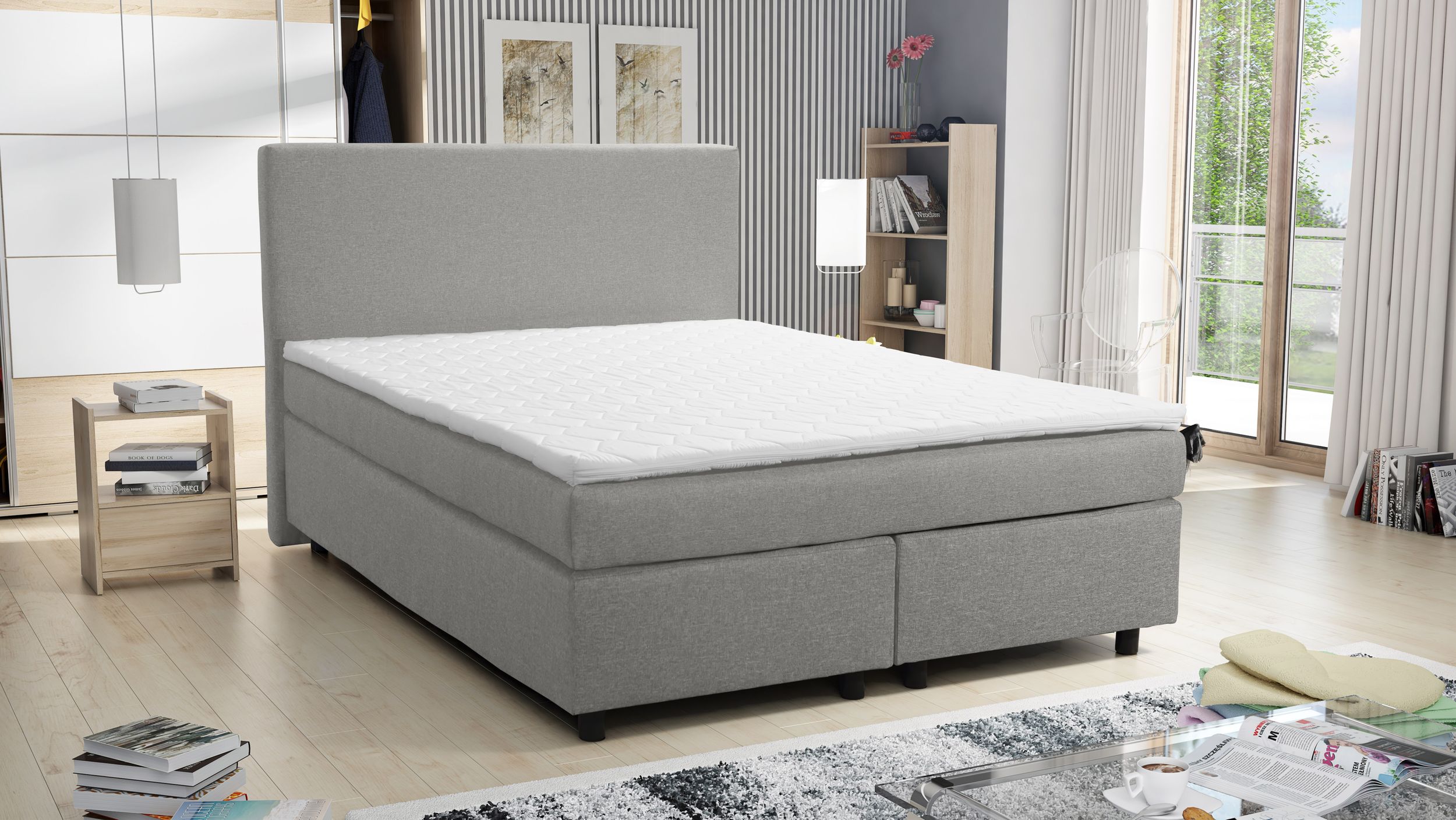 Boxspringbett Hotelbett 140x200 Bonellfederkern Bett mit Topper Paxos 1 hellgrau