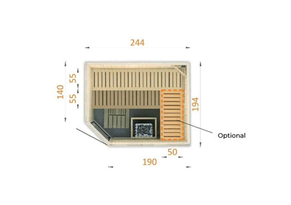 FinnTherm Hoeksauna voor Binnen, 1 Houten Bank, Saunacabine met 40 mm Wanddikte, Stoomsauna met Montagemateriaal, Natuurlijke Afwerking, 1,4 x 1,4 m