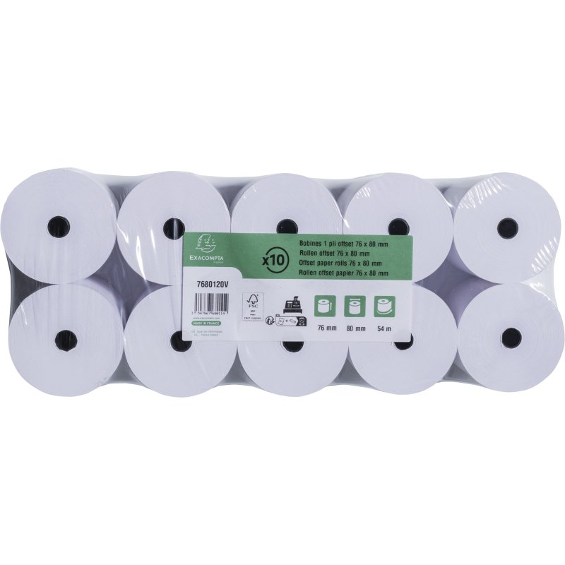 Bobines Caisses Exacompta 7680120V - l 76 mm x L 55 m, Ø 80 mm - 1 pli(s) - paquet de 10