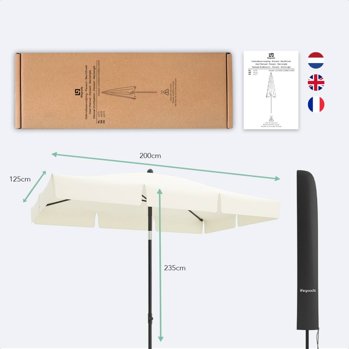 LifeGoods 200 x 125 cm parasol met hoes - Cream
