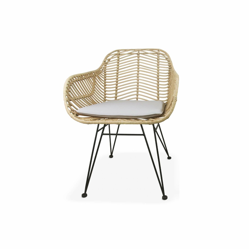 Lot de 2 fauteuils en rotin naturel et métal. Coussin beige - cahya