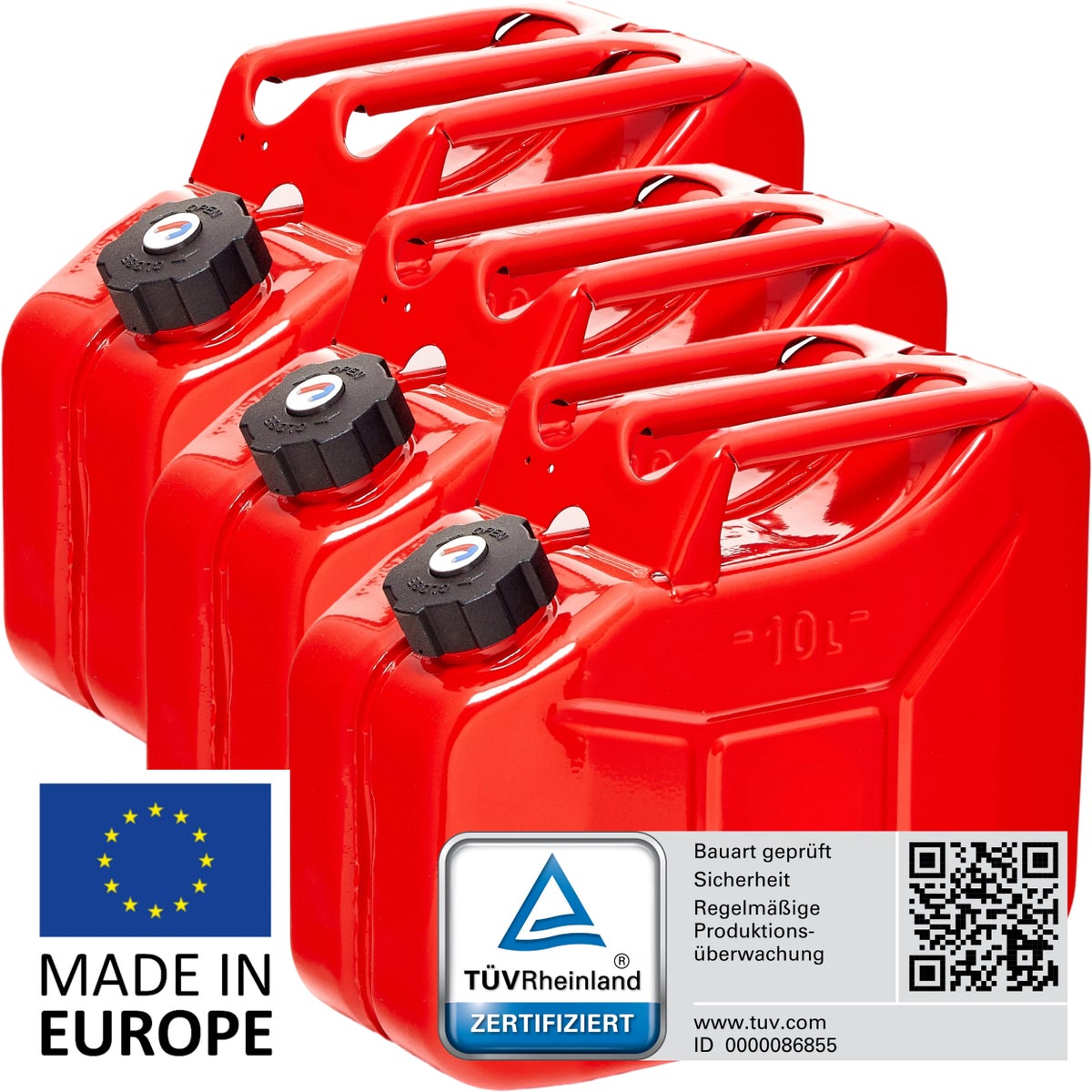 BW Metalen Brandstofbussen, Benzineblikken, 3 x 10 Liter met Schroefdop - Rood - RAL 3000 - TÜV-getest en UN-goedgekeurd - Gemaakt in Europa