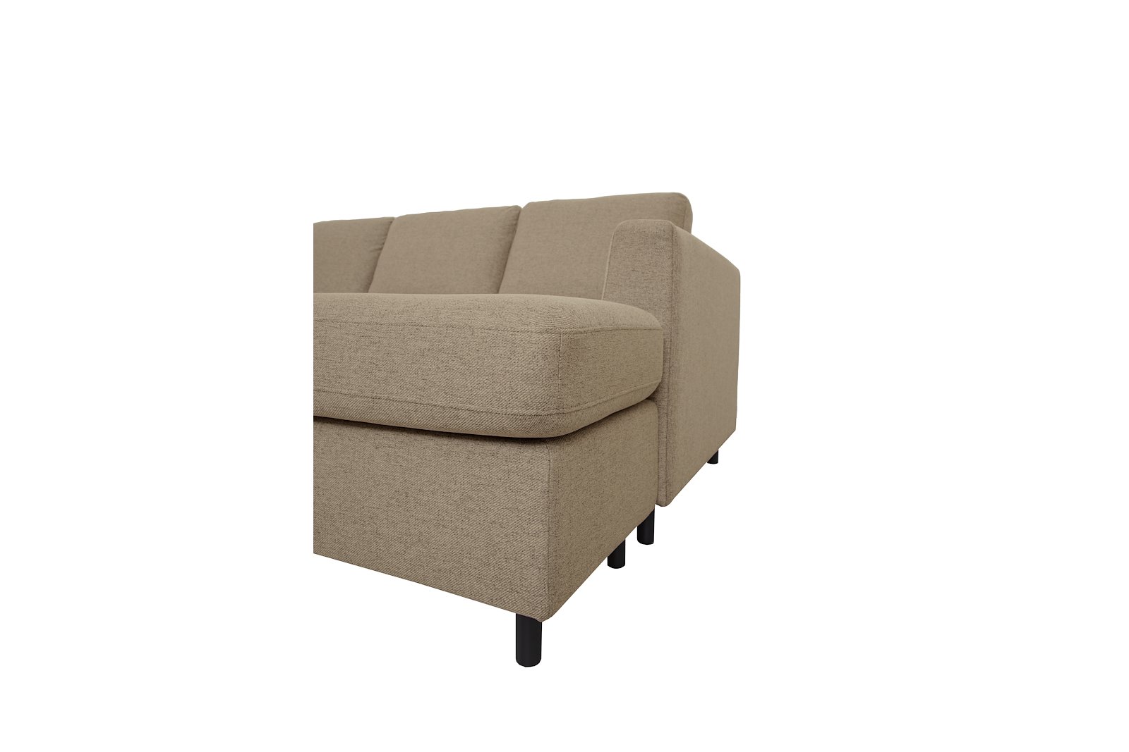 Oslo U-sofa Åpen ende venstre og sjeselong høyre. Tekstil Neve 16 Dark Beige med sorte ben