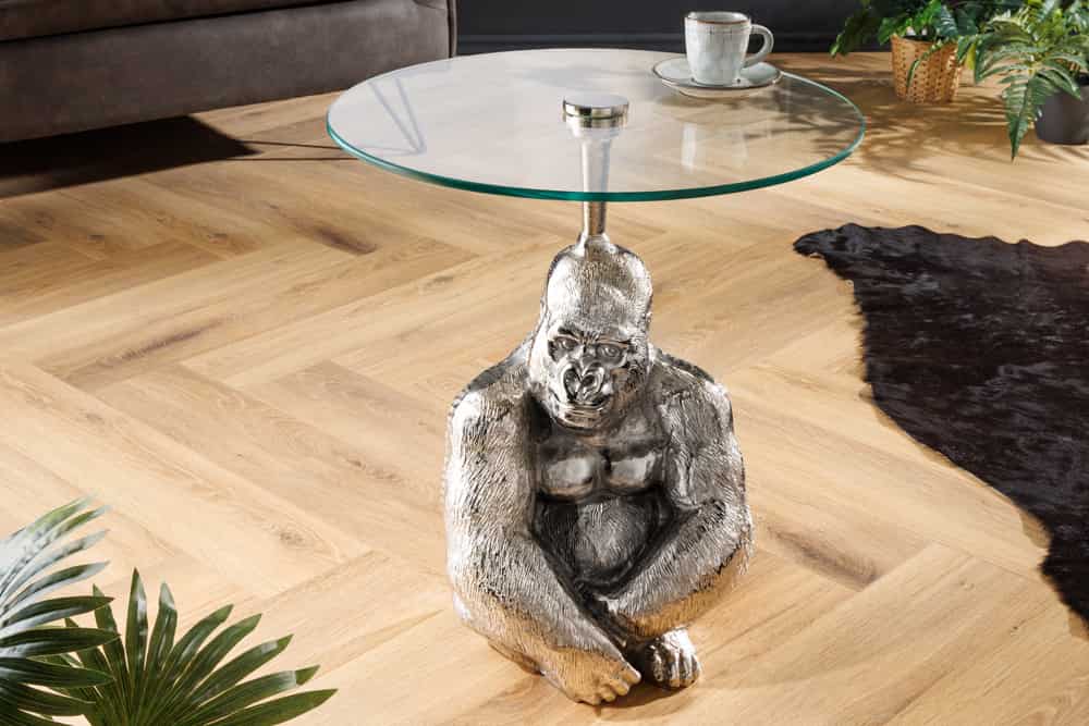 Runder Beistelltisch KONG 50cm silber Metall Glas Affenfigur Gorilla Skulptur