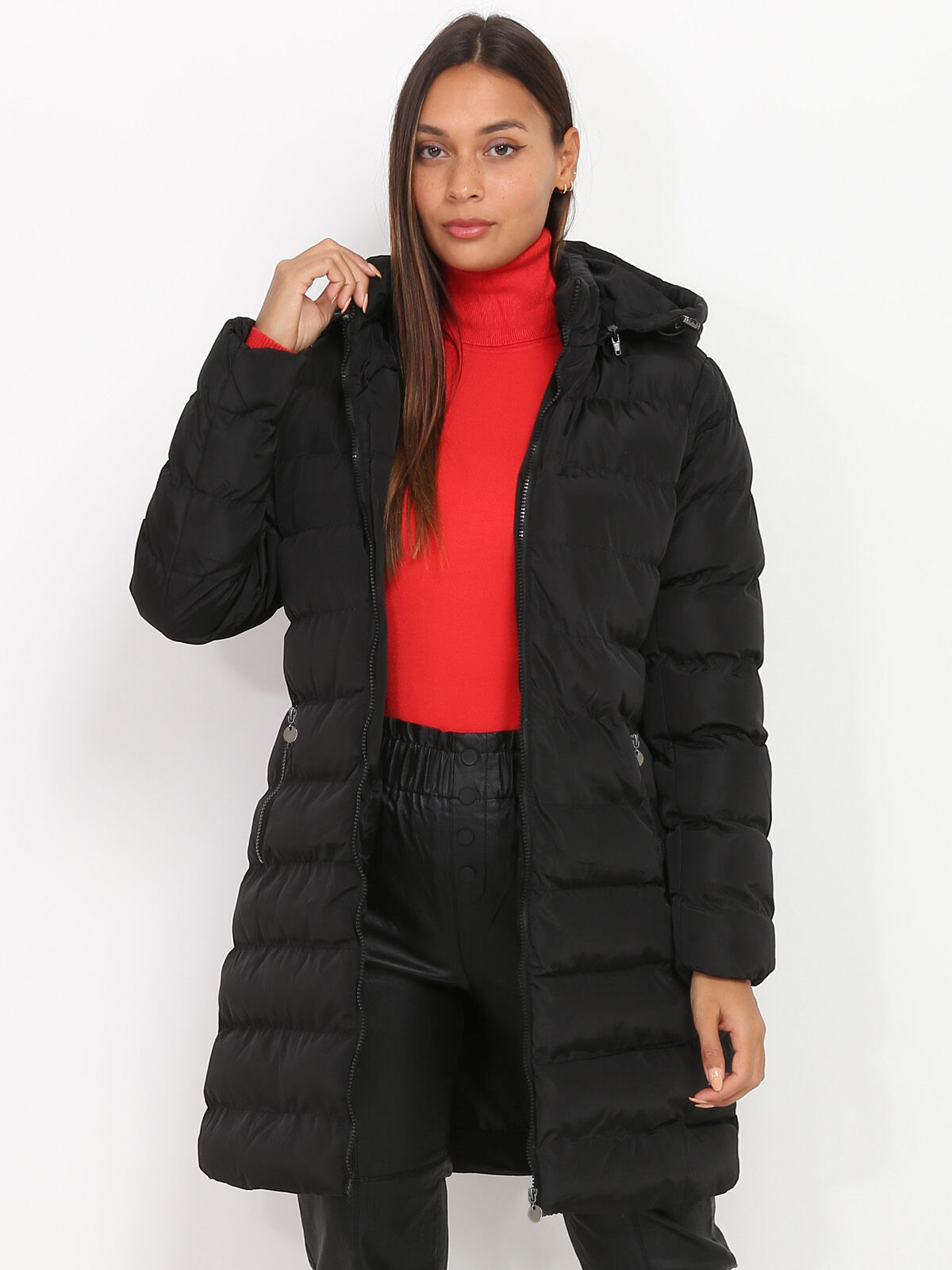 Manteau mi-long matelassé à capuche- Noir