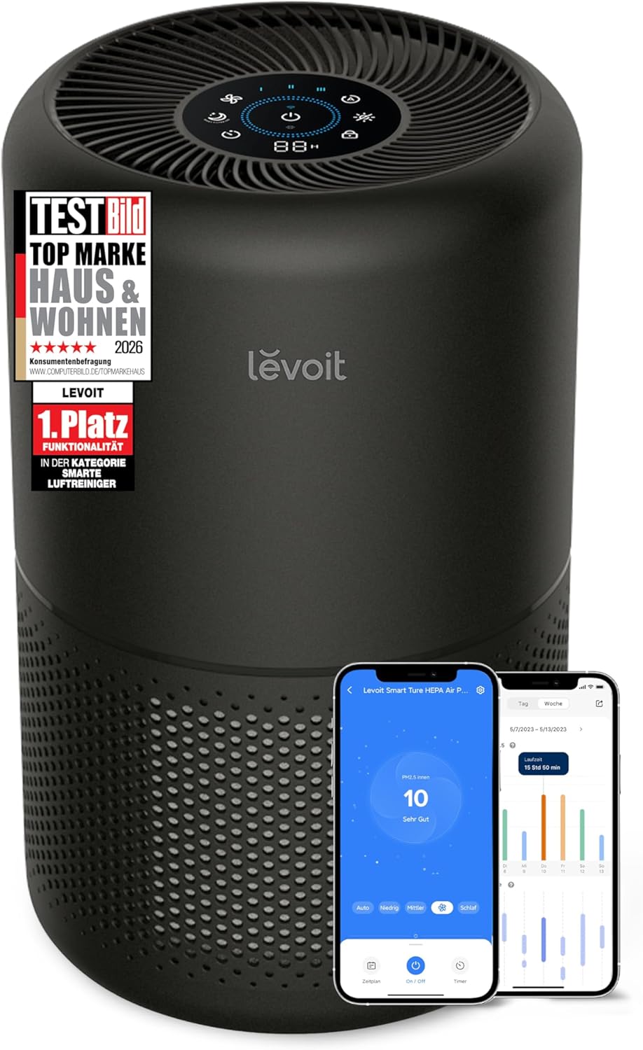 LEVOIT Luftreiniger mit HEPA Luftfilter, CADR 258m³/h für 54㎡ Raucherzimmer, gegen 99,97 Prozent Schimmel Staub Pollen Tierhaare, Air Purifier mit Luftqualitäts-Feedback und Auto-Modus, Schlafmodus