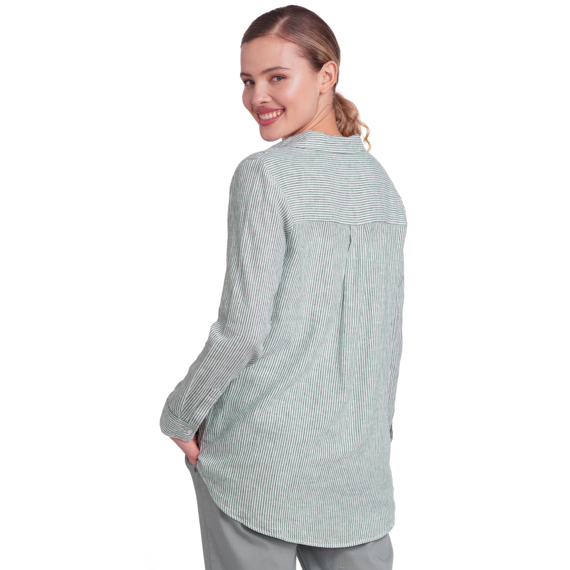 Gina Damen Leinen-Bluse mit V-Ausschnitt weiss / dunkelgrün