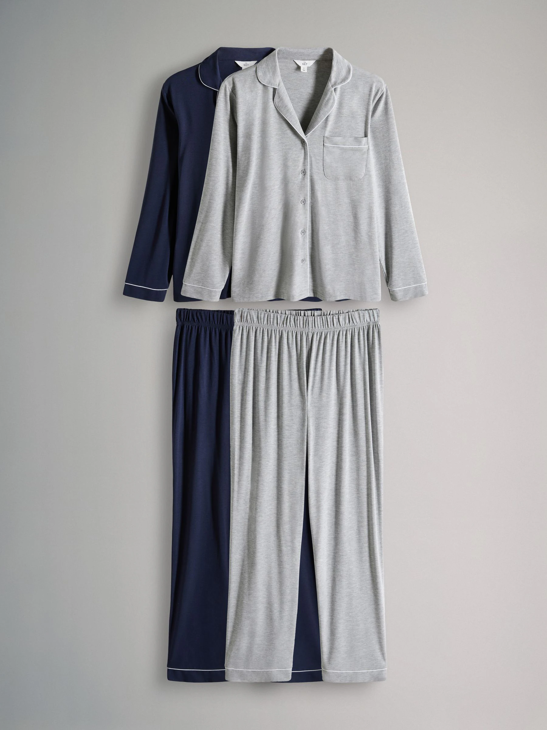 Marineblauw/grijs gemêleerd - The Set 2 Pack Viscose Blend Button Through Long Pyjamas with Piping