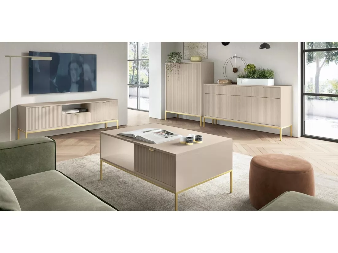 Buffet 3 portes - 154 cm - beige avec pieds dorés - VELLORE