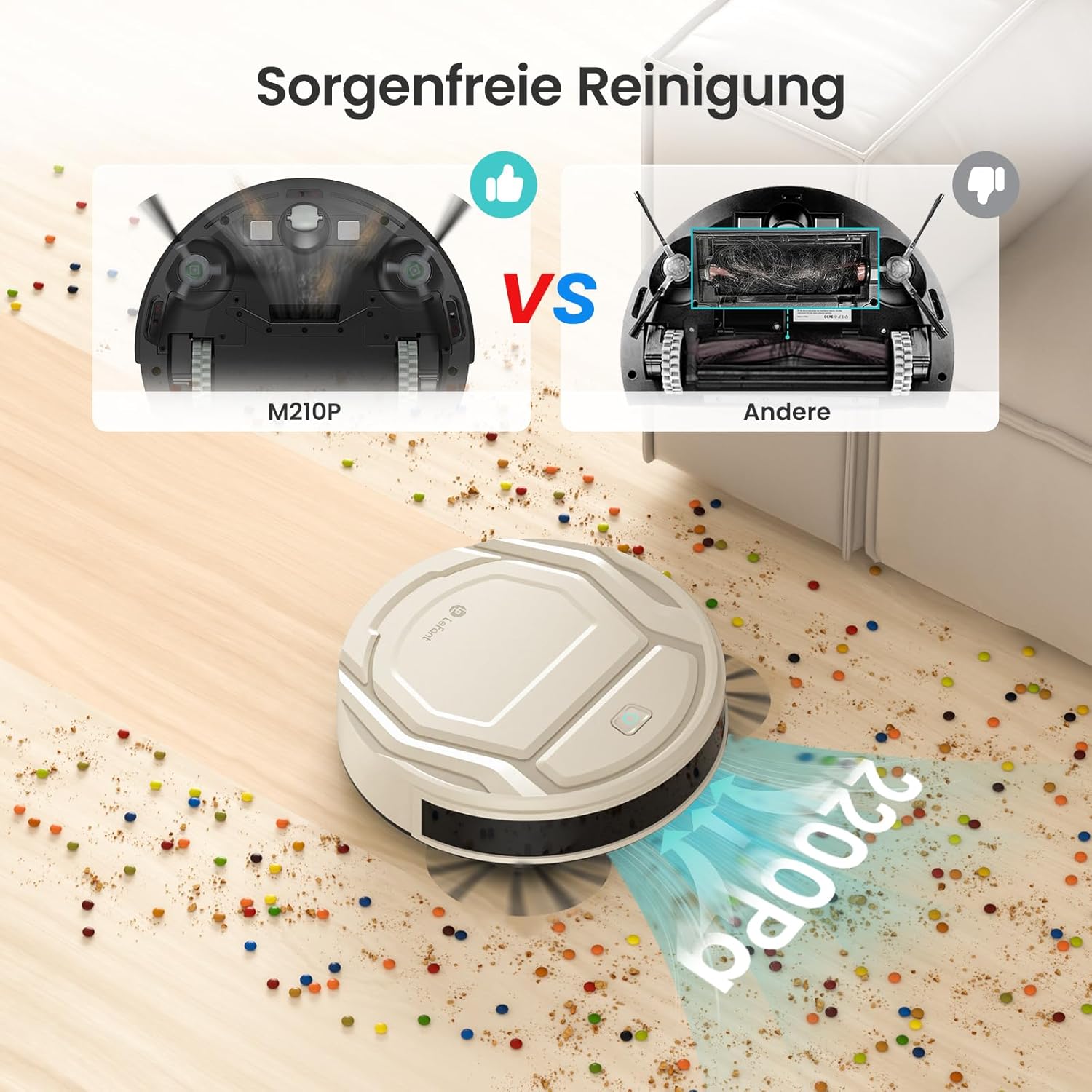 LEFANT M210P Staubsauger Roboter, Saugleistung 2200 Pa, Leise 55dB, Unterstützt WLAN-/Bluetooth-/Alexa-/App-Verbindung, Akkulaufzeit von 120 Minuten, ideal für Tierhaare und Hartböden.