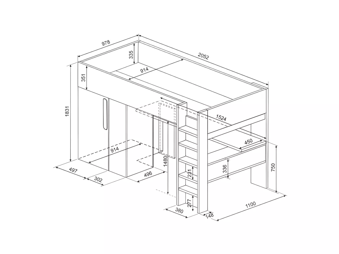 Lit mezzanine 90 x 200 cm avec armoire et bureau - Bleu et blanc + matelas - NICOLAS