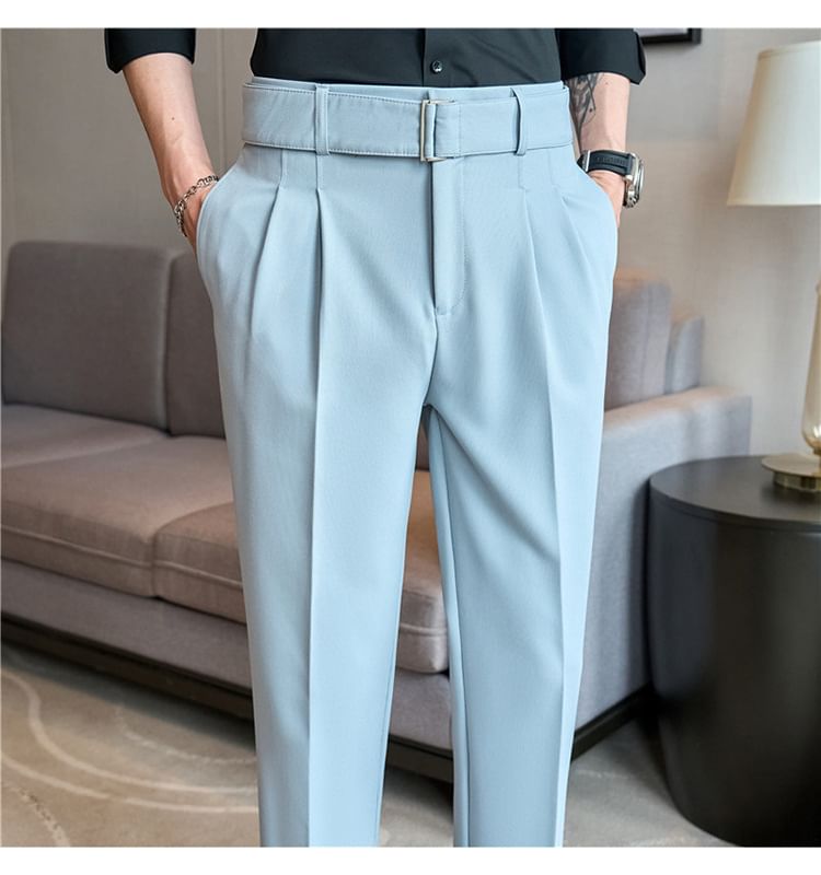 Lefitt - Set: Mid Rise Plain Cropped Straight Leg Dress Pants + Belt