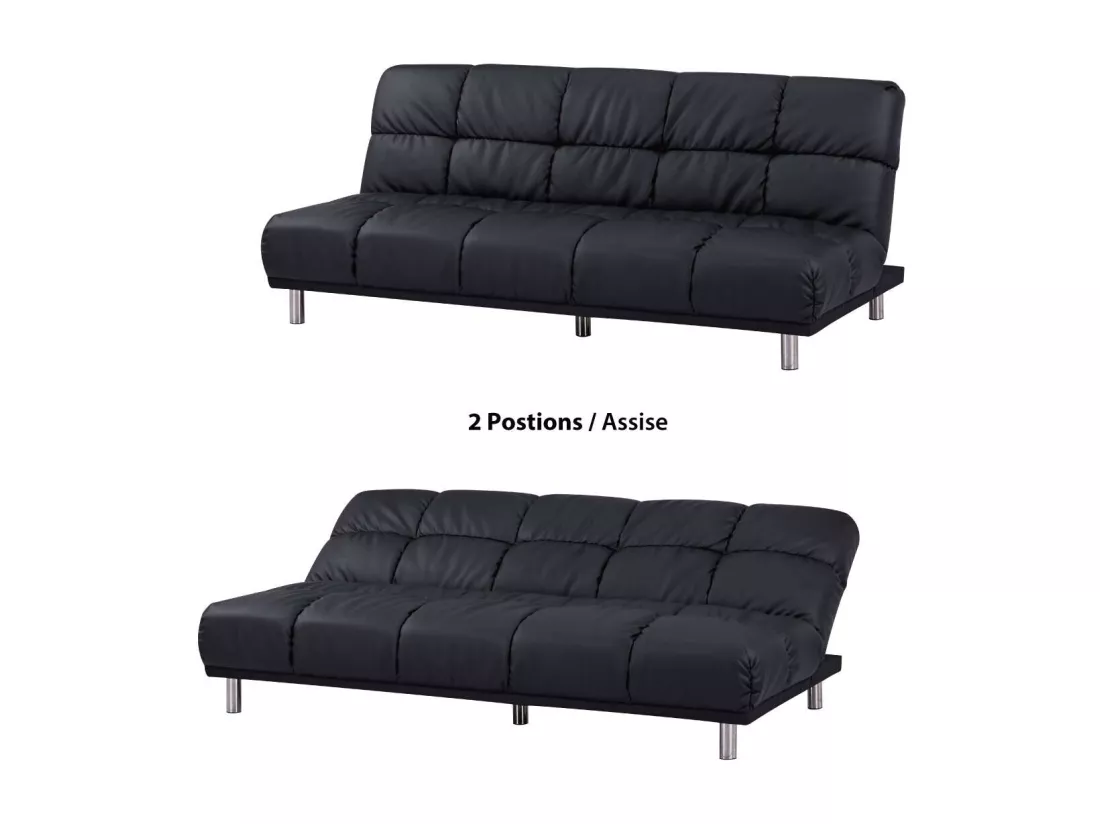 Canapé-lit clic-clac 3 places pour couchage d’appoint taille 120 x 191 cm en finition PU noir et pieds en acier inoxydable finition chromée - MELLOW