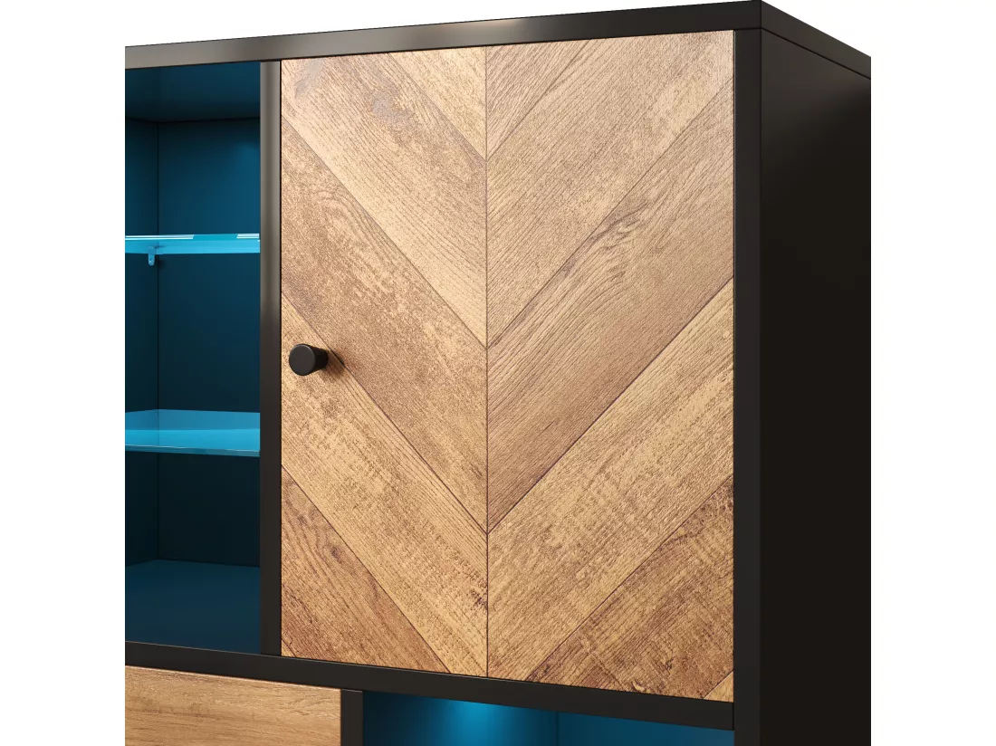 Buffet haut avec LED - 1 porte + 3 tiroirs + 5 compartiments - Naturel + Noir