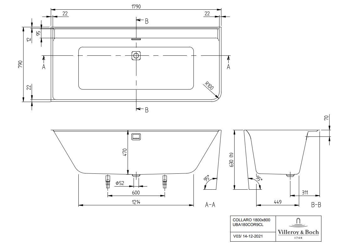 Villeroy & Boch Collaro hoekinbouw links ligbad 180x80cm wit met gouden afvoerplug