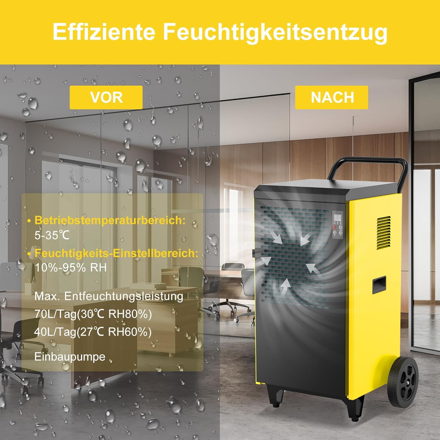 Bautrockner Luftentfeuchter Keller 70 L/Tag mit Integrierte Pumpe - Fläche 200 m²/500 m³ - 24Hr Timer Innenbereich Trocknungsgerät für Große Räume