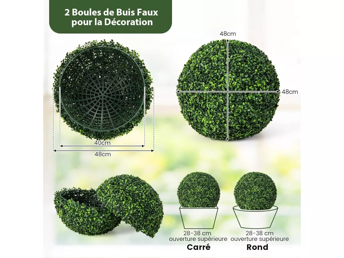 2 Boules de Buis Artificielles 48 cm Résistantes aux UV, Plantes en Boules de Faux Buis Sphères, Décoratives pour Intérieur Extérieur de Porche Balcon Jardin Mariage