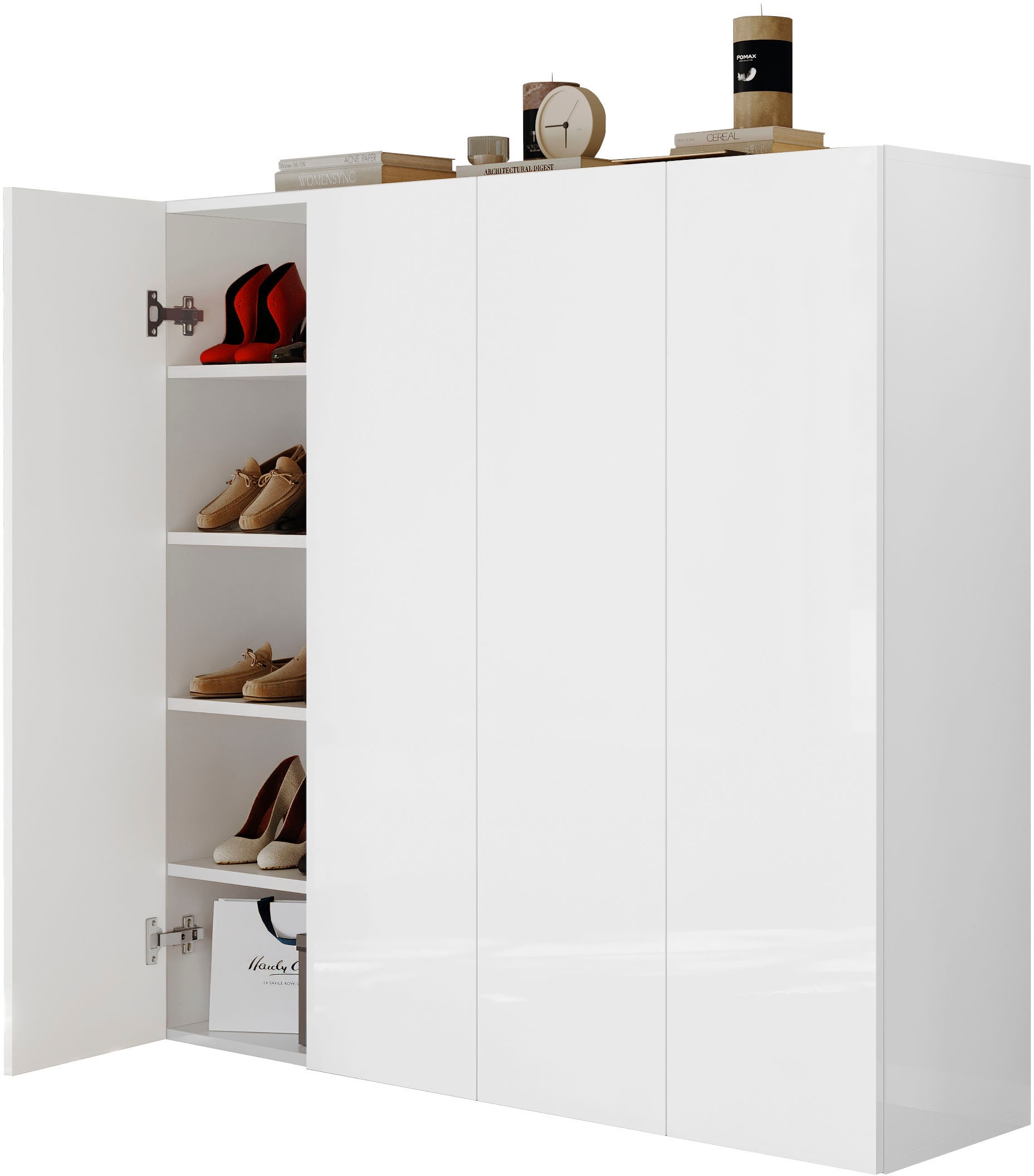 INOSIGN Schuhschrank »SMILE Breite 124 cm, Höhe 114 cm, Schuhregal mit 5 Ebenen, 10 Fächer,« Schuhkommode in Weiss Hochglanz Lack