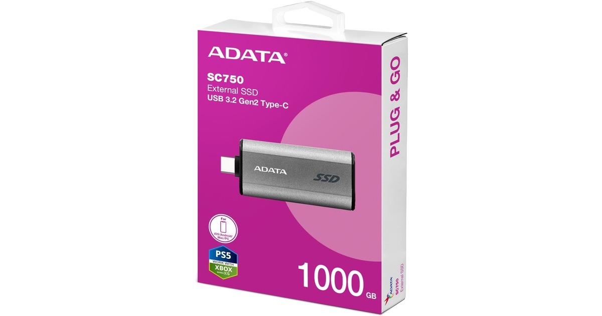 ADATASC750 1 TB externe SSD  (Titanium, SC750-1000G-CCBK, USB-C 3.2 (10 Gbit/s))