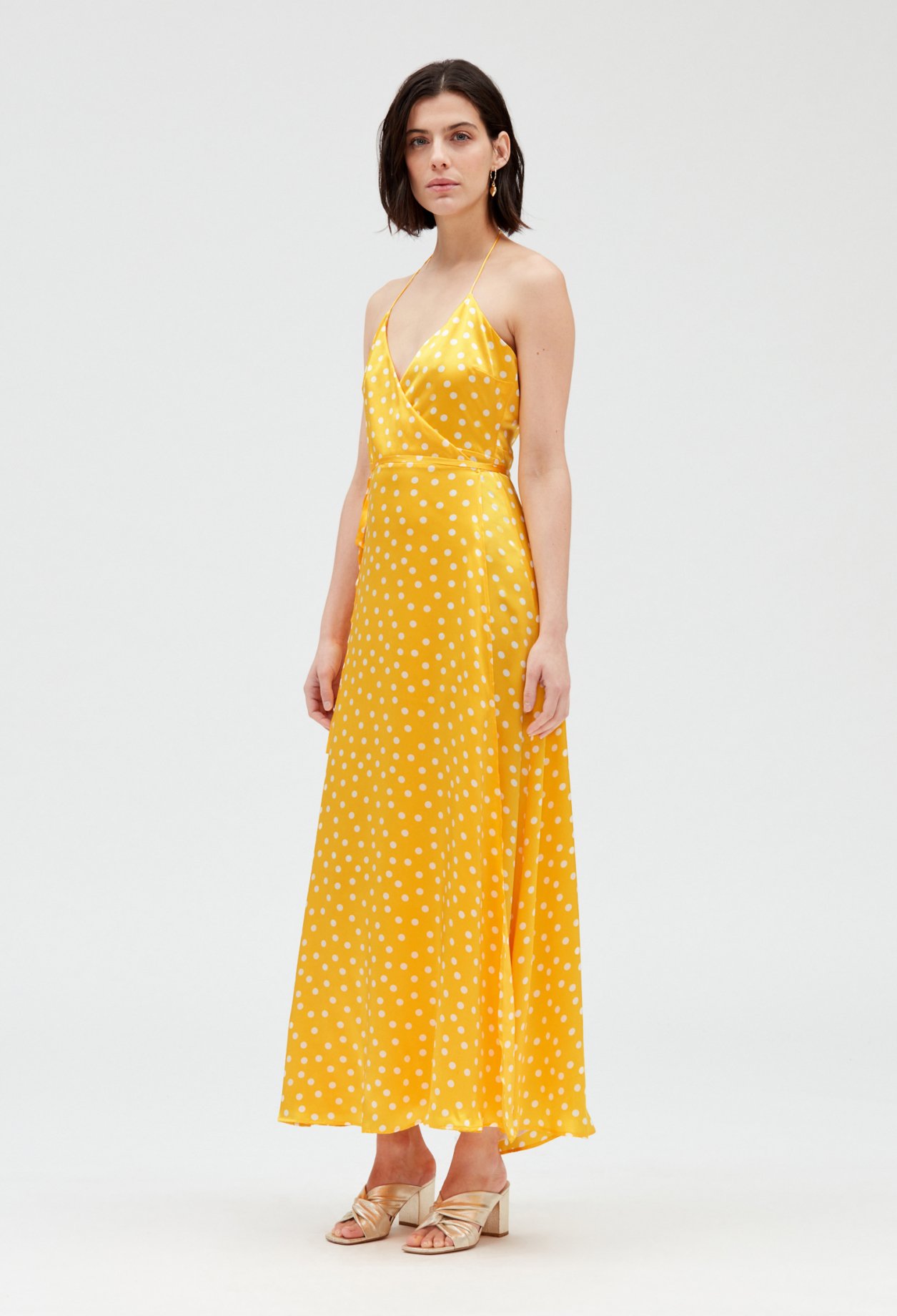 Robe longue portefeuille soie jaune