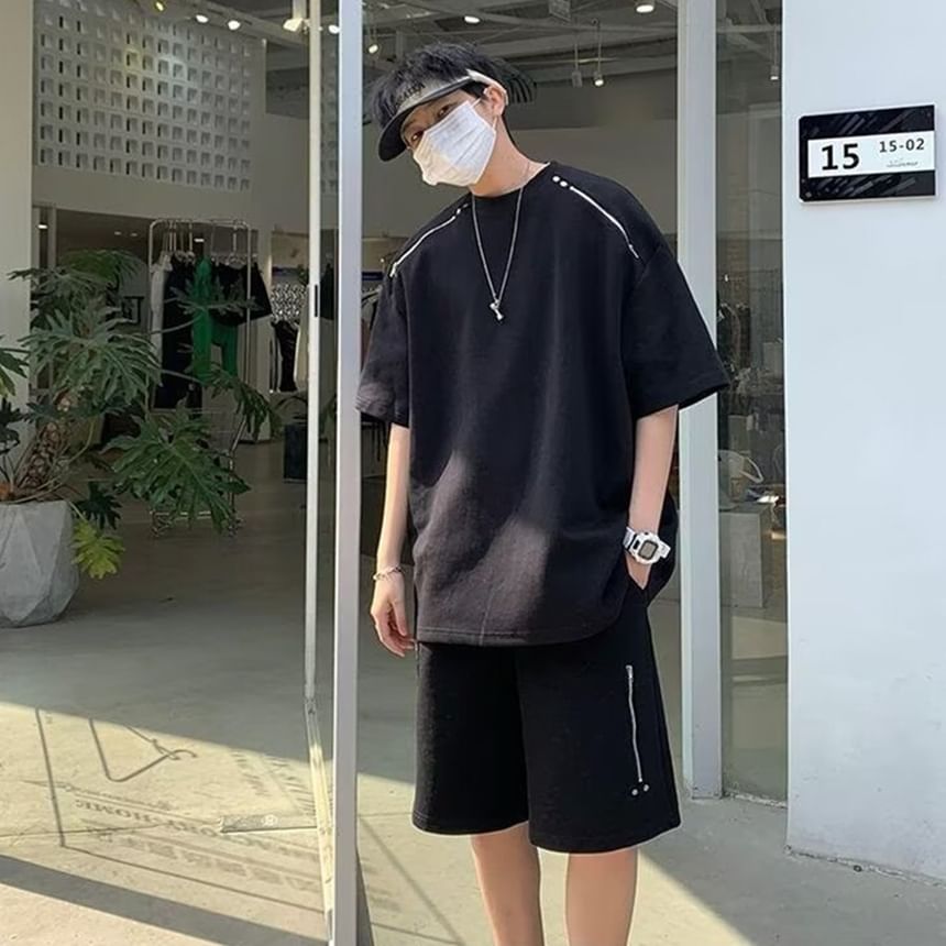 Jozev - Set: T-shirt met korte mouwen, ronde hals, effen oversized model en trekkoord in de taille