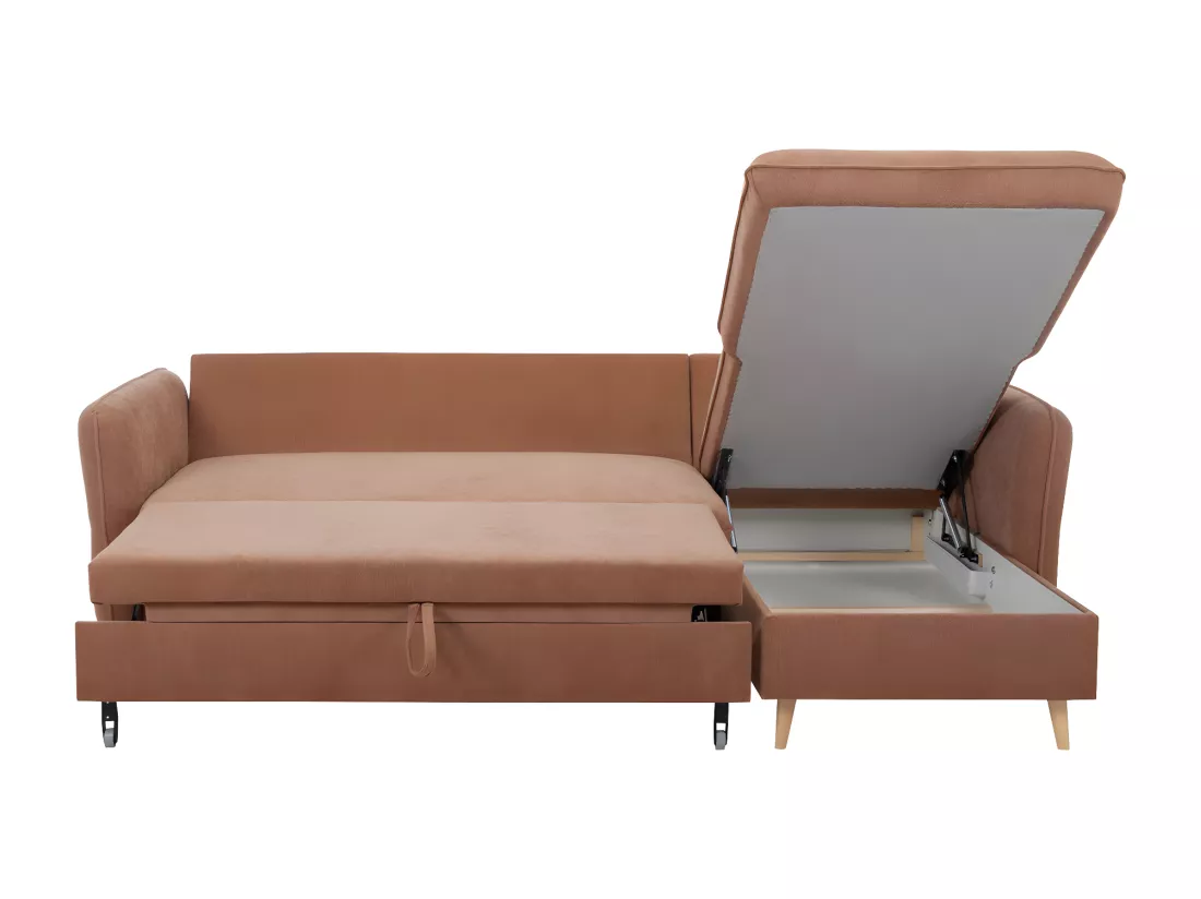 Canapé d'angle convertible réversible avec coffre 3-4 places en tissu effet velours terracotta et bois clair DRISS