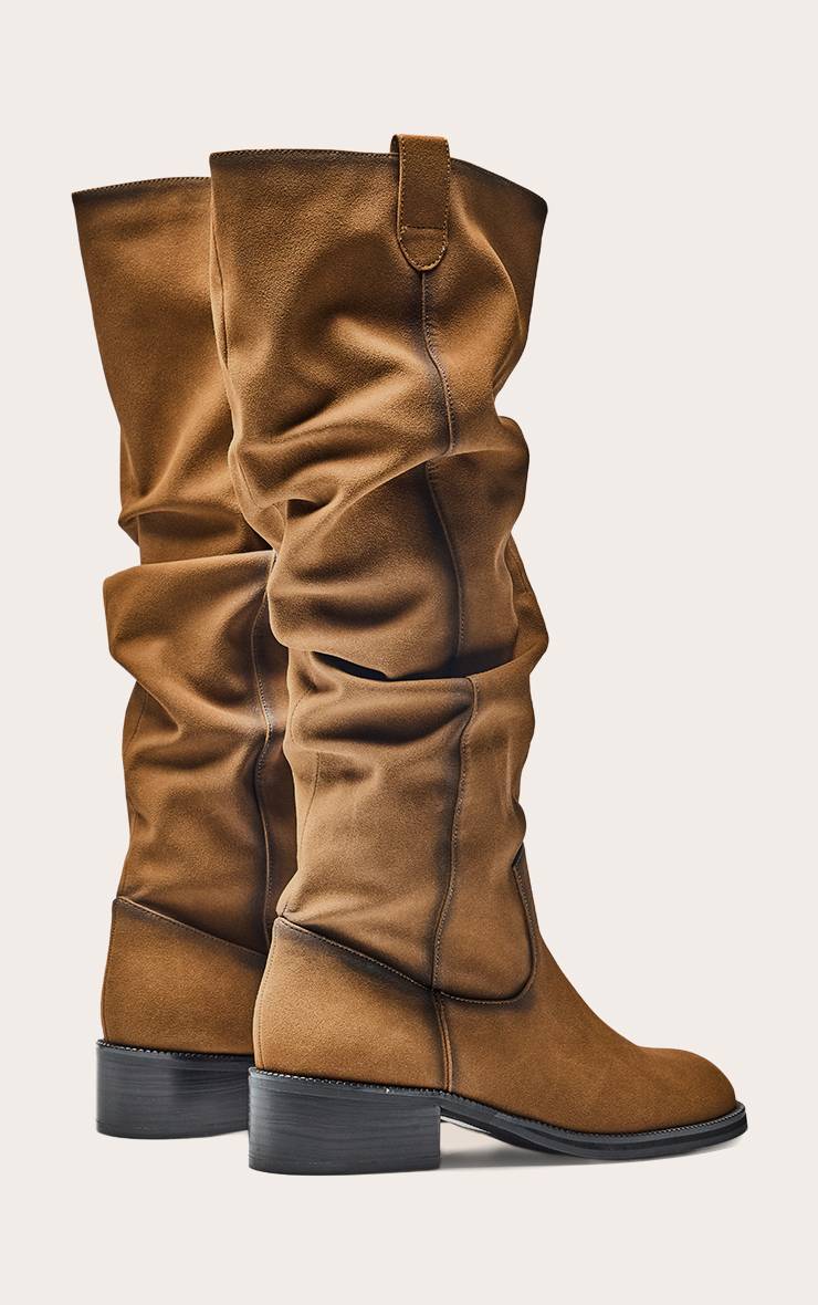 Marron Bottes Hautes Plissées À Talon Bas En Synthétique