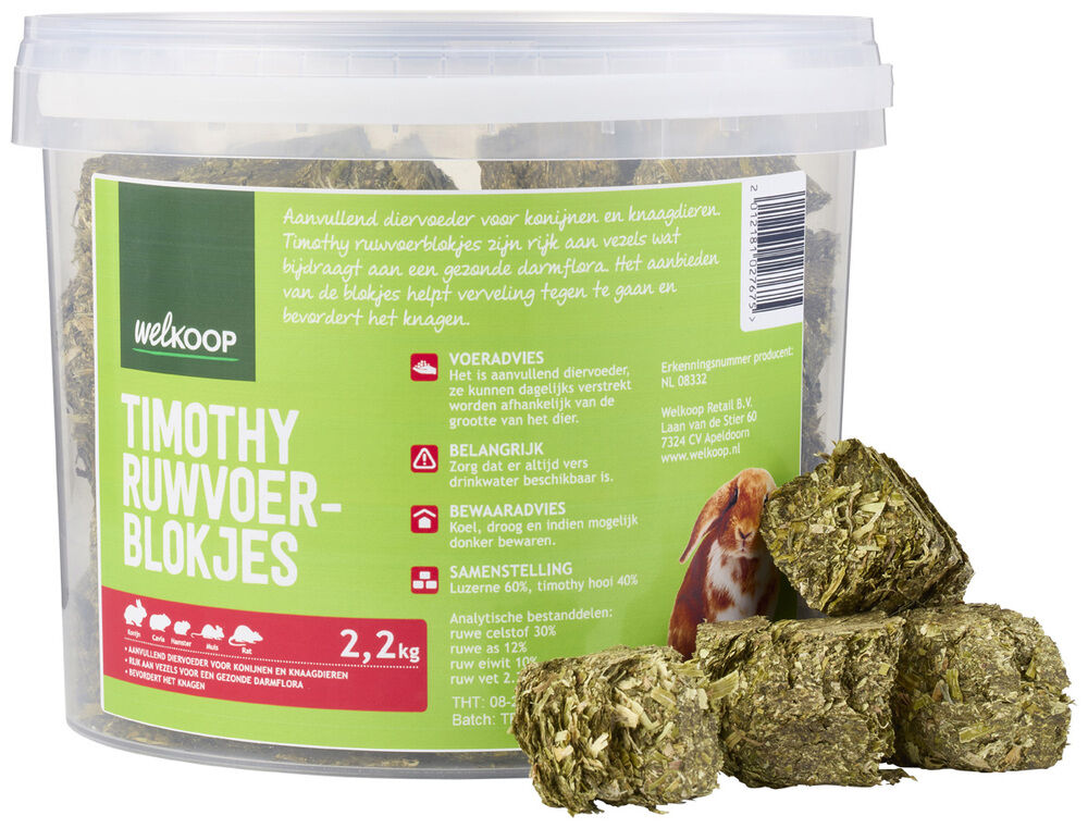 Welkoop Timothyblokjes in emmer - Knaagdiervoer - 2.2 Kilogram
